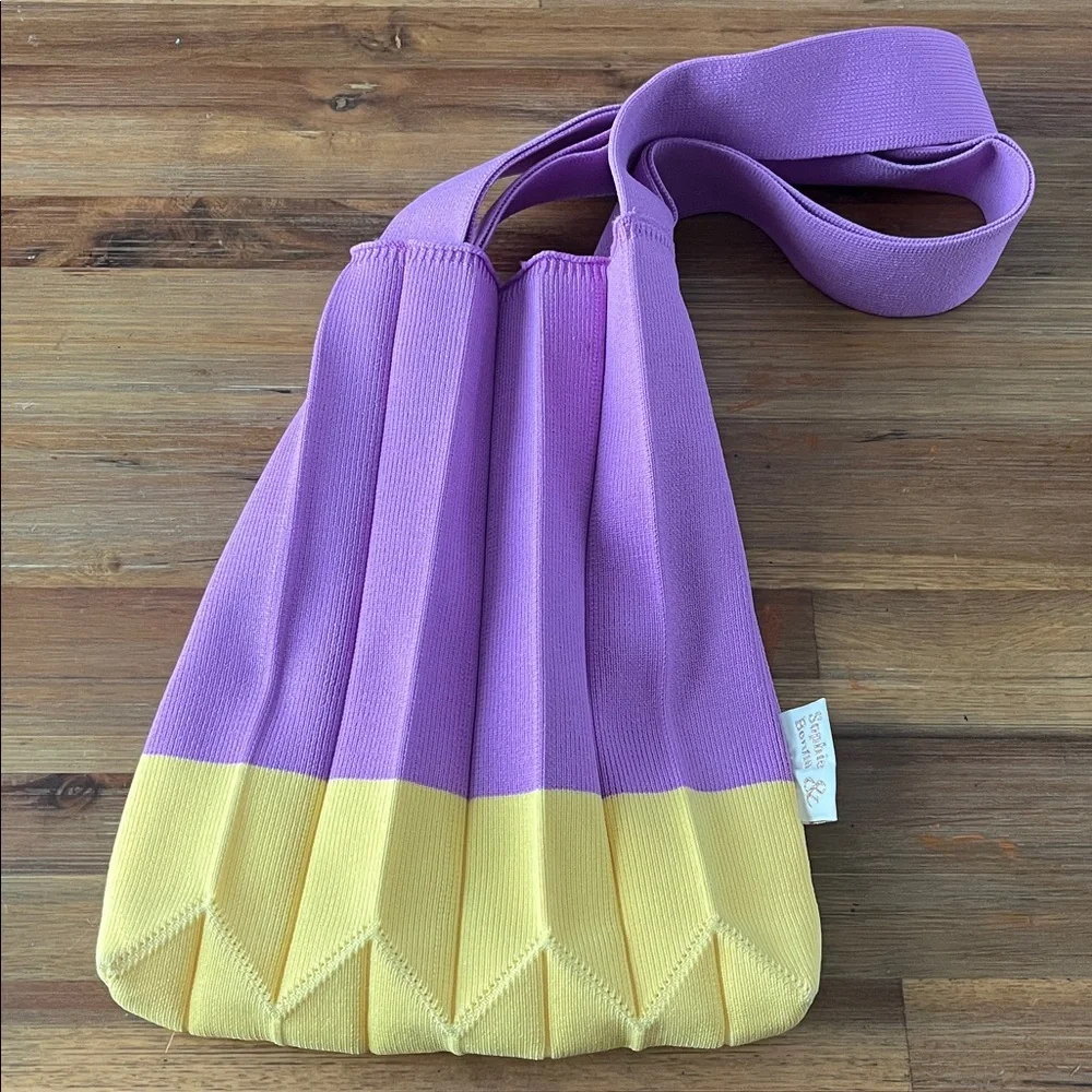 Pleated Accordion Knit Tote Bag Purple and Yellow NEW